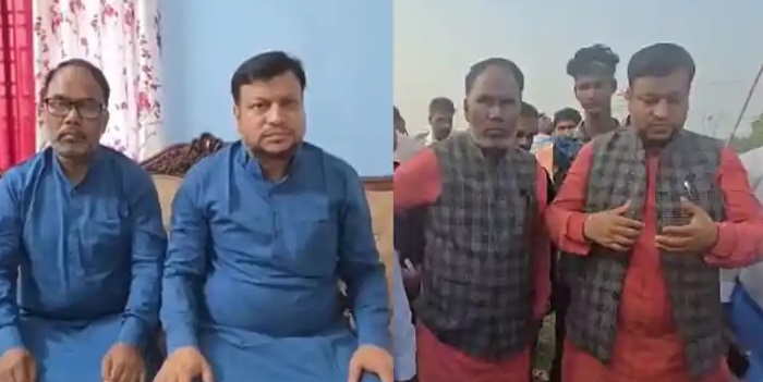 प्राणपुर में एआईएमआईएम उम्मीदवार आफताब आलम और उनके दोस्त कंचन दास एक जैसी पोशाक में साथ नजर आते हुए